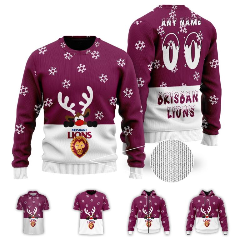 AFL Brisbane Lions Christmas | Custom Name & Number | Hoodie/Zip/T-Shirt/Polo/Knitted Sweaters