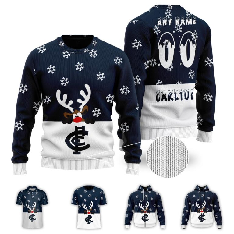 AFL Carlton Blues Christmas | Custom Name & Number | Hoodie/Zip/T-Shirt/Polo/Knitted Sweaters