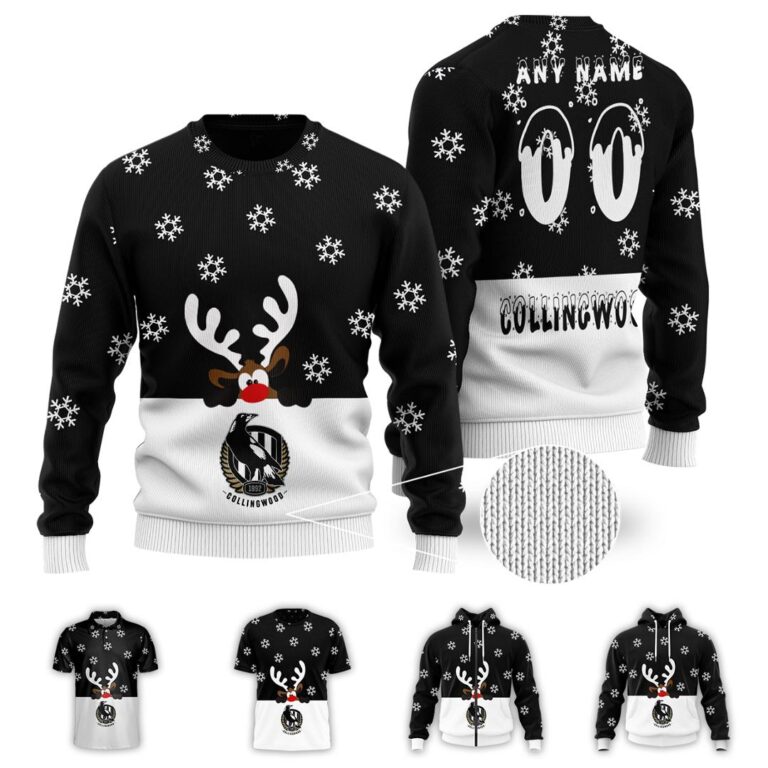 AFL Collingwood Magpies Christmas | Custom Name & Number | Hoodie/Zip/T-Shirt/Polo/Knitted Sweaters