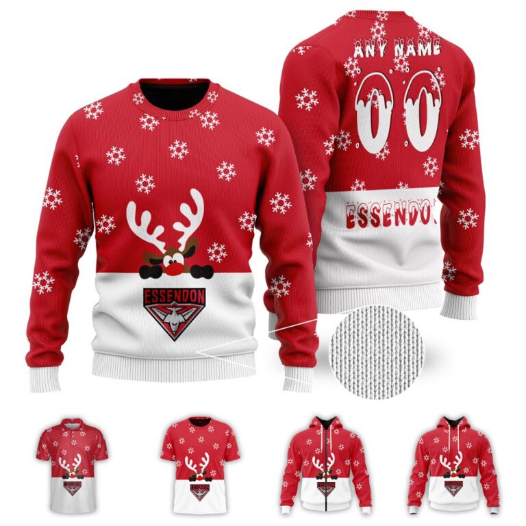 AFL Essendon Bombers Christmas | Custom Name & Number | Hoodie/Zip/T-Shirt/Polo/Knitted Sweaters