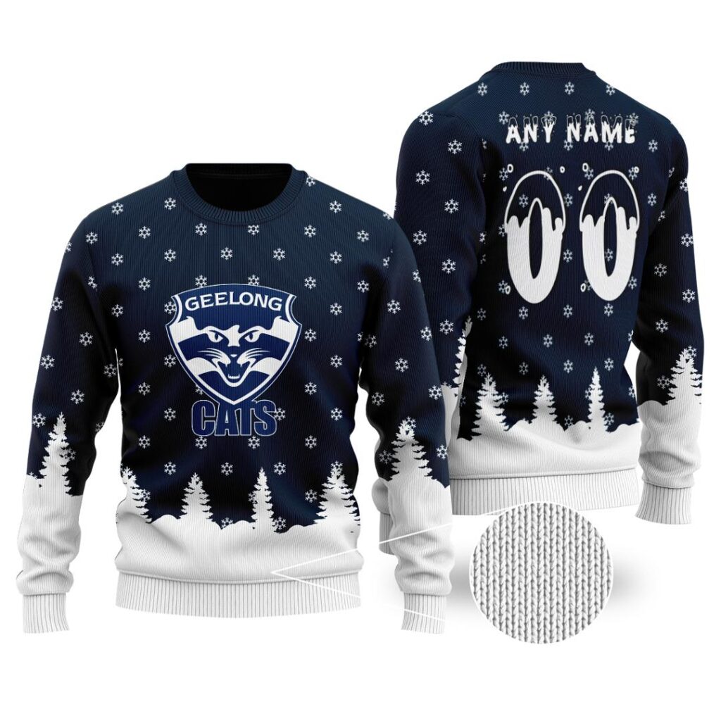 AFL Geelong Cats Christmas | Custom Name & Number | Hoodie/Zip/T-Shirt/Polo/Knitted Sweaters/Long Paint