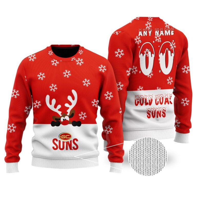 AFL Gold Coast Suns Christmas | Custom Name & Number | Hoodie/Zip/T-Shirt/Polo/Knitted Sweaters