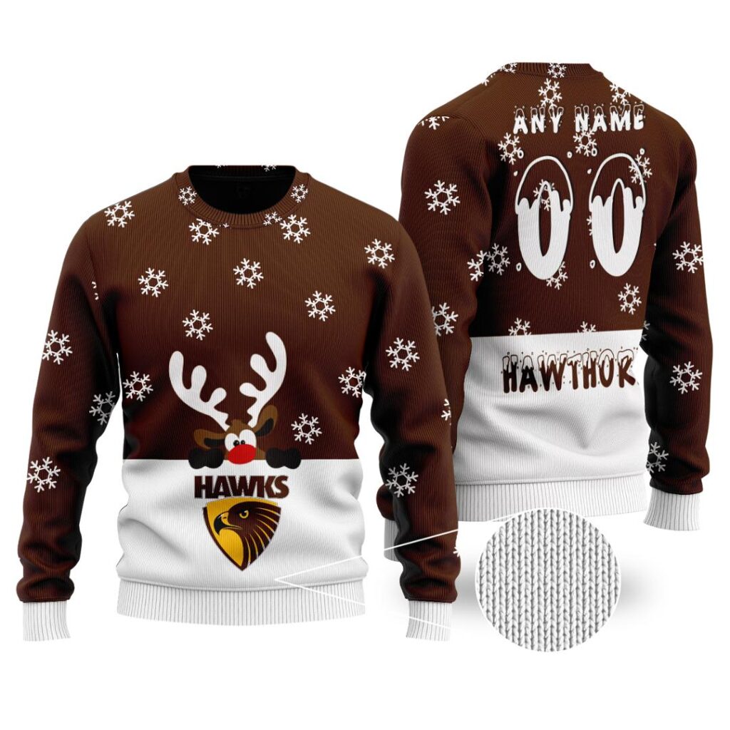 AFL Hawthorn Hawks Christmas | Custom Name & Number | Hoodie/Zip/T-Shirt/Polo/Knitted Sweaters