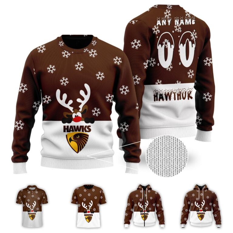 AFL Hawthorn Hawks Christmas | Custom Name & Number | Hoodie/Zip/T-Shirt/Polo/Knitted Sweaters