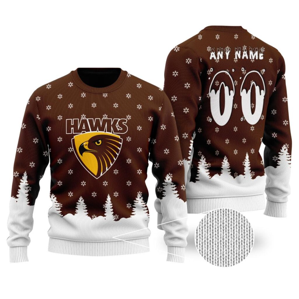 AFL Hawthorn Hawks Christmas | Custom Name & Number | Hoodie/Zip/T-Shirt/Polo/Knitted Sweaters/Long Paint