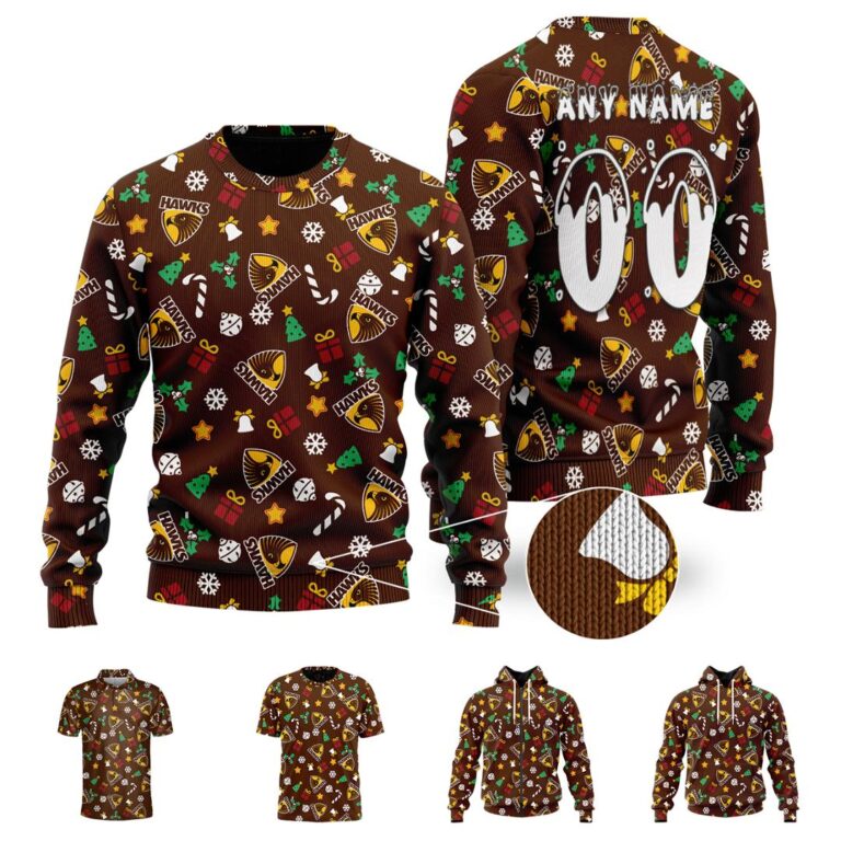 AFL Hawthorn Hawks Christmas | Custom Name & Number | Hoodie/Zip/T-Shirt/Polo/Knitted Sweaters