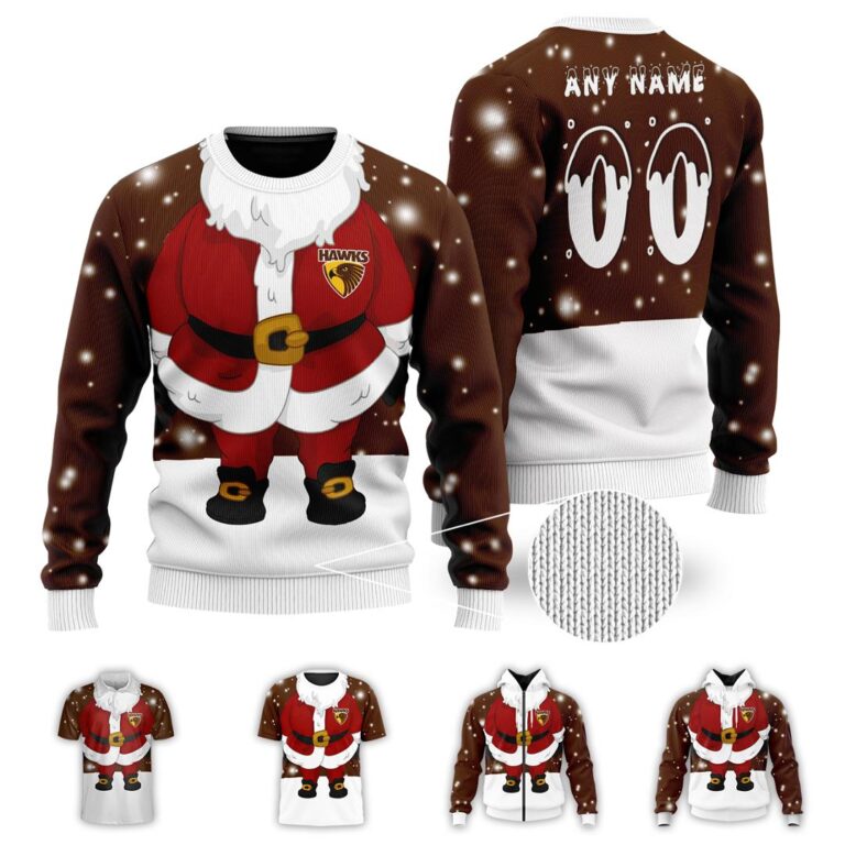 AFL Hawthorn Hawks Christmas | Custom Name & Number | Hoodie/Zip/T-Shirt/Polo/Knitted Sweaters