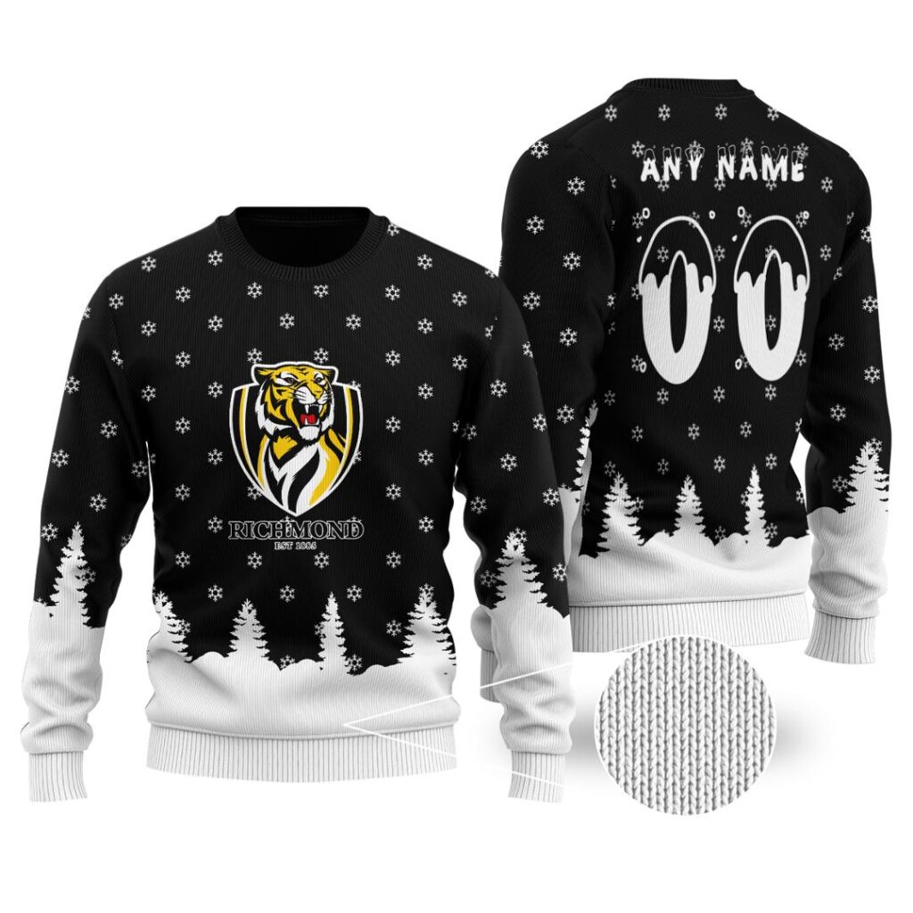 AFL Richmond Tigers Christmas | Custom Name & Number | Hoodie/Zip/T-Shirt/Polo/Knitted Sweaters/Long Paint
