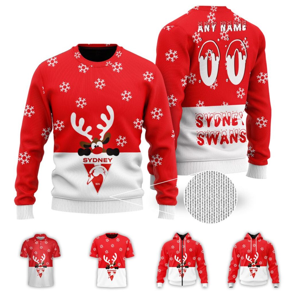 AFL Sydney Swans Christmas | Custom Name & Number | Hoodie/Zip/T-Shirt/Polo/Knitted Sweaters