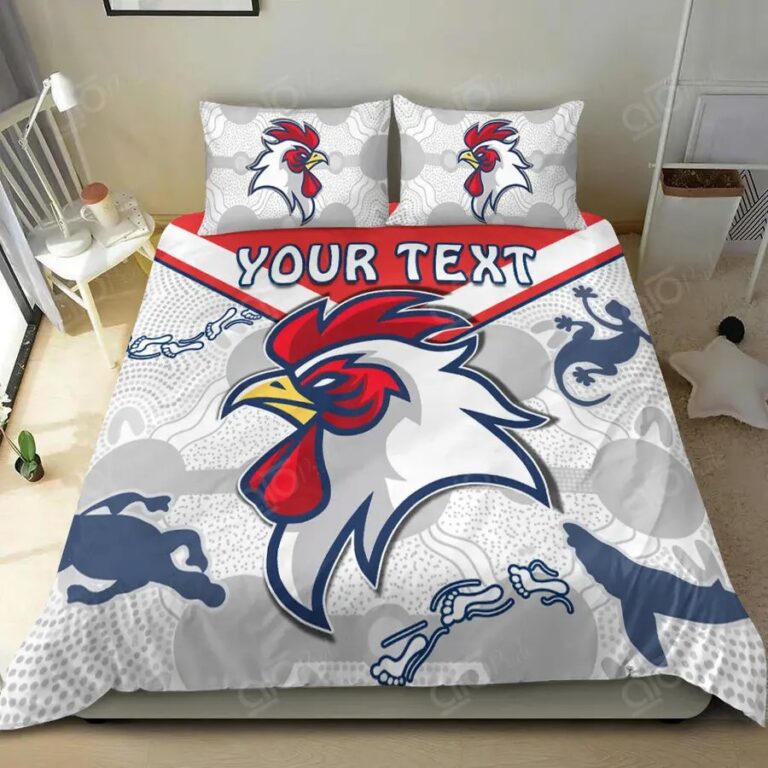 NRL Sydney Roosters Custom Text Indigenous White Bedding Duvet Cover + 1|2 Pillow Cases