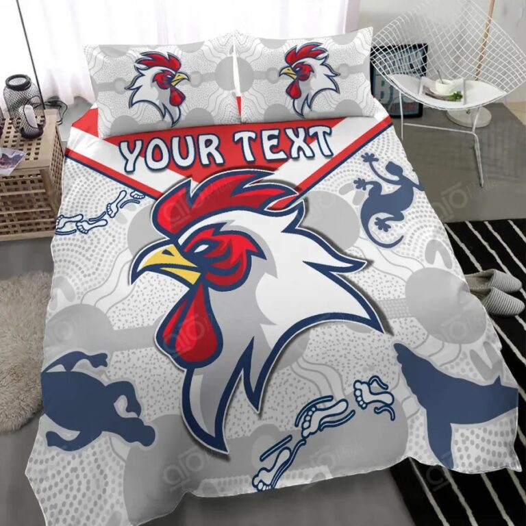 NRL Sydney Roosters Custom Text Indigenous White Bedding Duvet Cover + 1|2 Pillow Cases