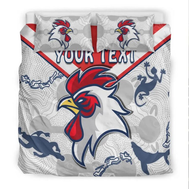NRL Sydney Roosters Custom Text Indigenous White Bedding Duvet Cover + 1|2 Pillow Cases