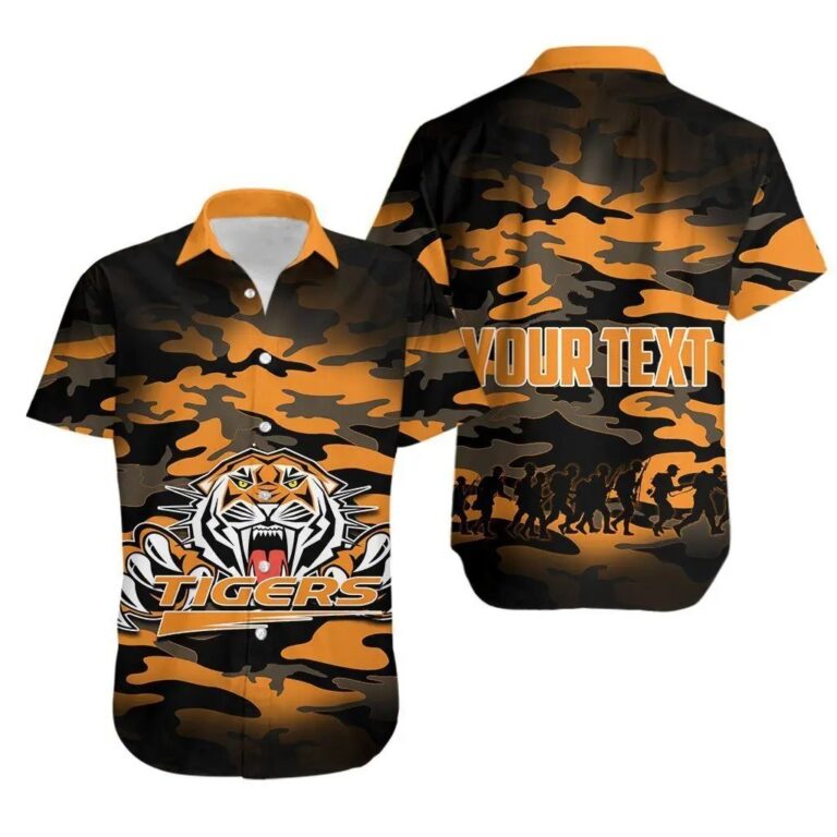NRL Wests Tigers Custom Text ANZAC Day Camo Hawaiian Shirt