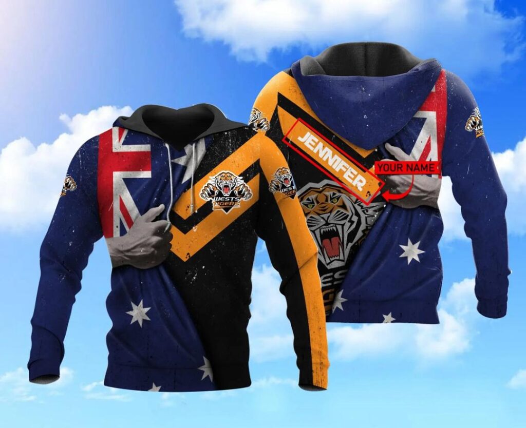 NRL Wests Tigers Custom Name Australian Flag Pullover Hoodie