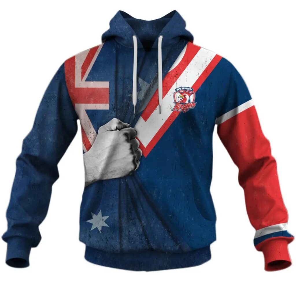 NRL Sydney Roosters Custom Name Number Australian Flag Pullover Hoodie