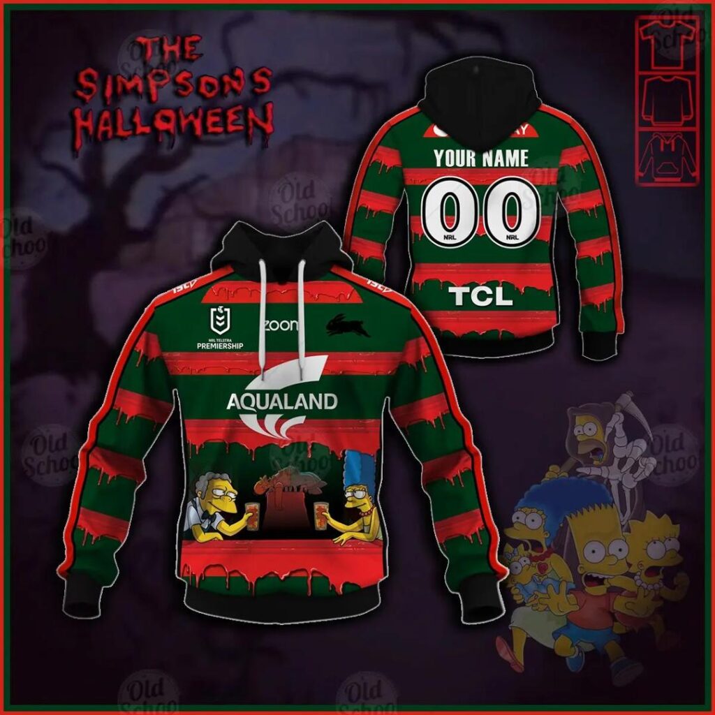 NRL South Sydney Rabbitohs Custom Name Number x The Simpsons 2020 Halloween Pullover Hoodie
