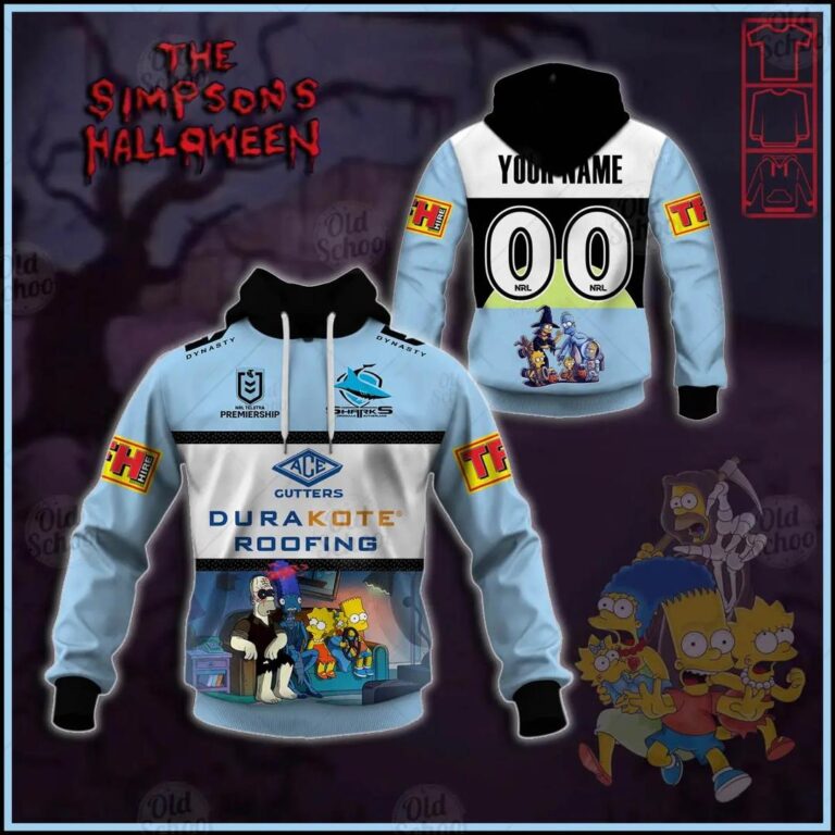 NRL Cronulla-Sutherland Sharks Custom Name Number x The Simpsons 2020 Halloween Pullover Hoodie