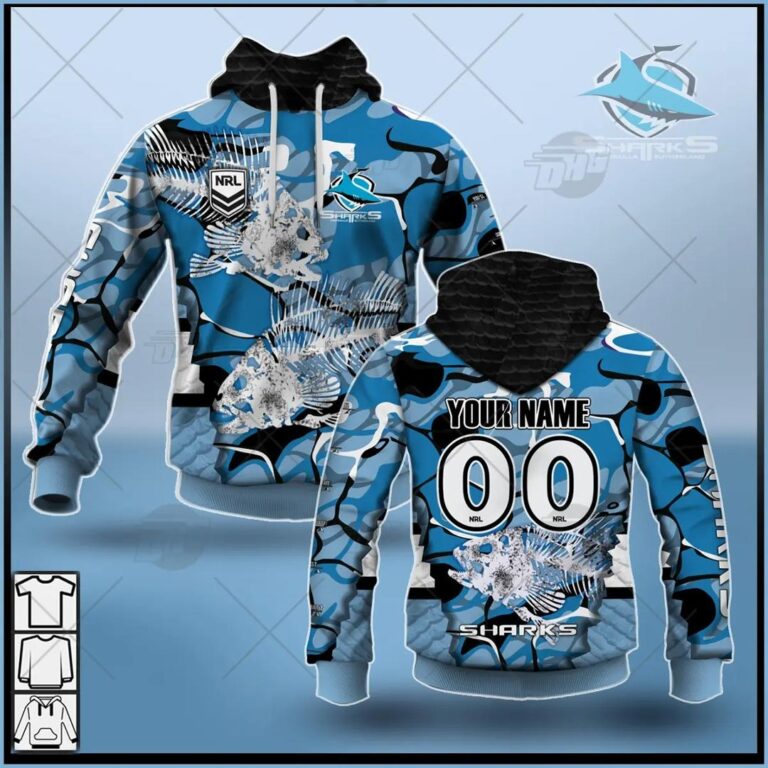 NRL Cronulla-Sutherland Sharks Custom Name Number Fishing Pullover Hoodie