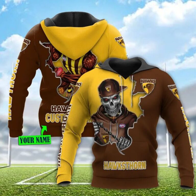 AFL Hawthorn Hawks Custom Name Mascot Skull Pullover Hoodie