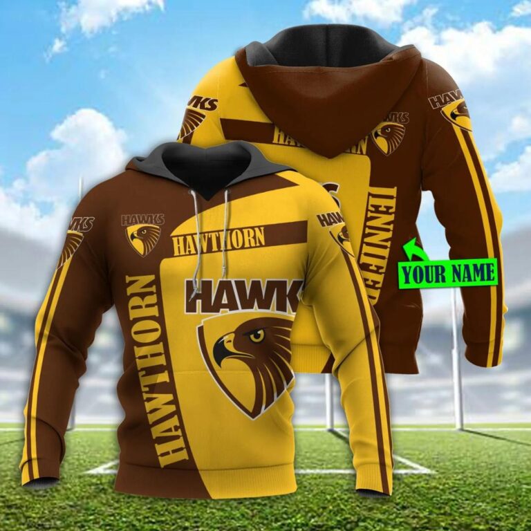 AFL Hawthorn Hawks Custom Name Brown Gold Pullover Hoodie
