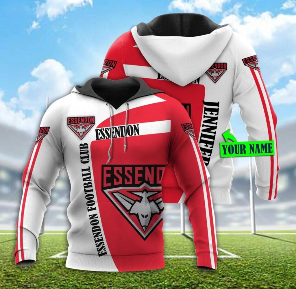 AFL Essendon Bombers Custom Name Red White Pullover Hoodie