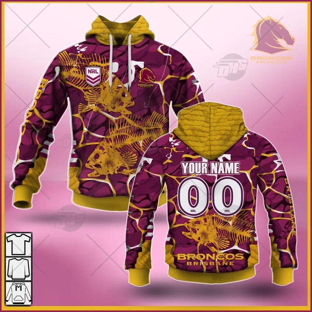 NRL Brisbane Broncos Custom Name Number 2021 Fishing Pullover Hoodie