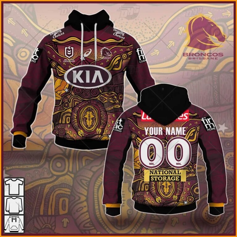 NRL Brisbane Broncos Custom Name Number On Field Indigenous Jersey 2021 Pullover Hoodie