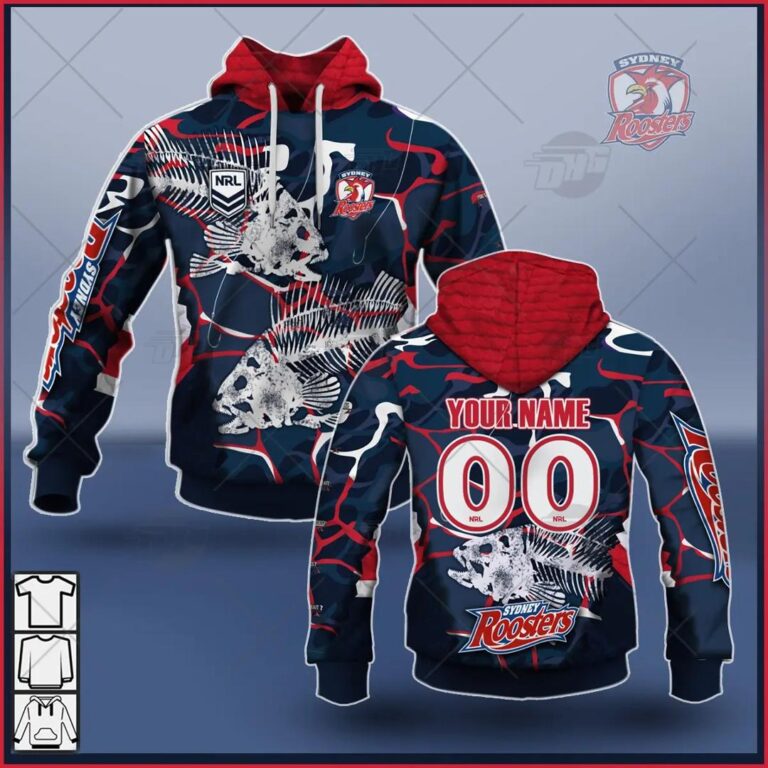 NRL Sydney Roosters Custom Name Number 2021 Fishing Pullover Hoodie