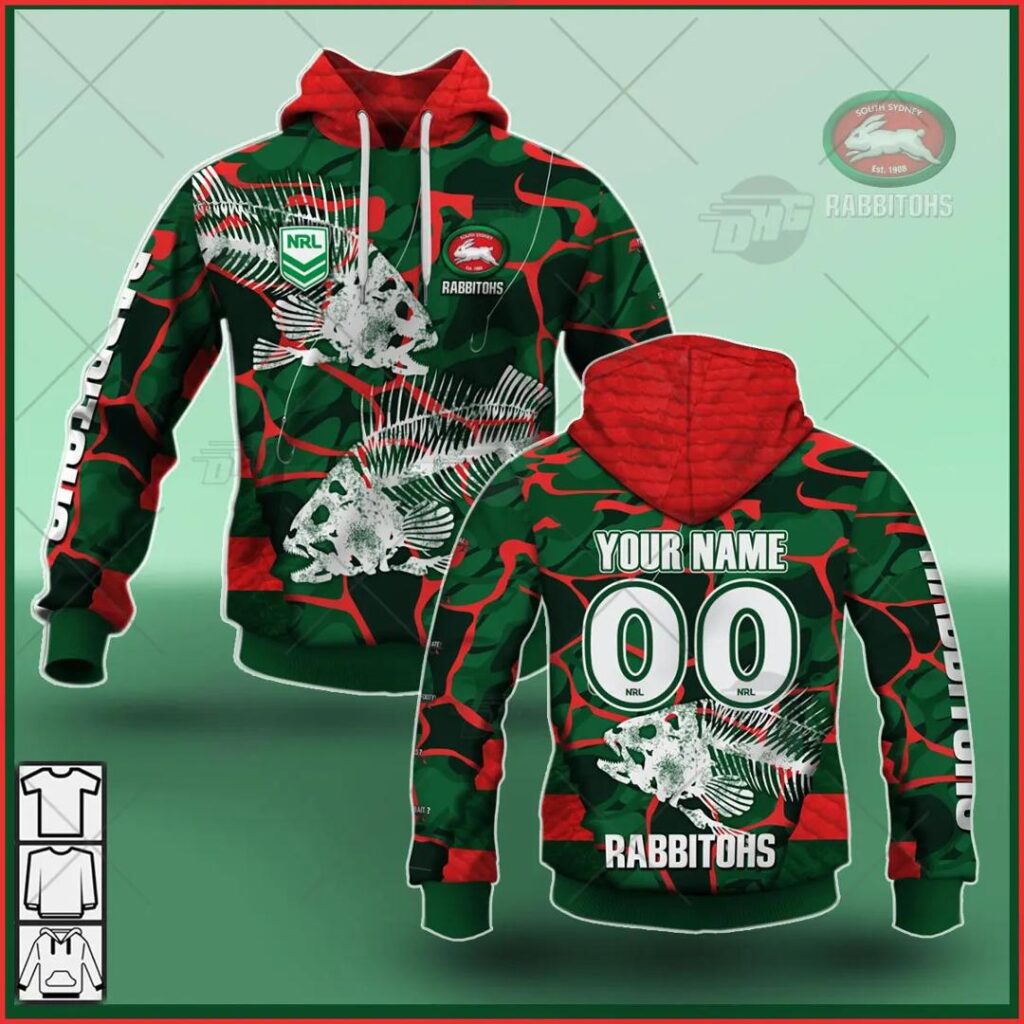 NRL South Sydney Rabbitohs Custom Name Number 2021 Fishing Pullover Hoodie