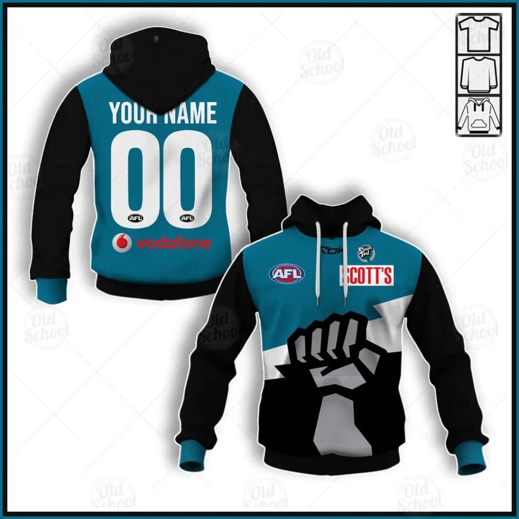 AFL Port Adelaide Power Custom Name Number 2007 Planet Teal Vintage Retro Pullover Hoodie