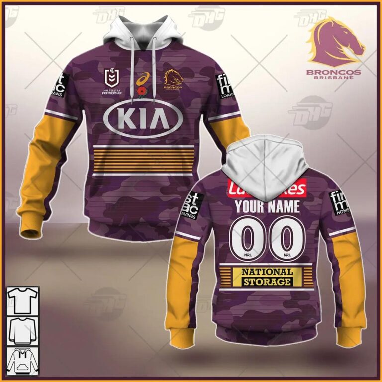 NRL Brisbane Broncos Custom Name Number 2021 ANZAC Pullover Hoodie