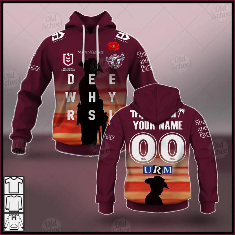 NRL Manly Warringah Sea Eagles Custom Name Number 2021 ANZAC Pullover Hoodie