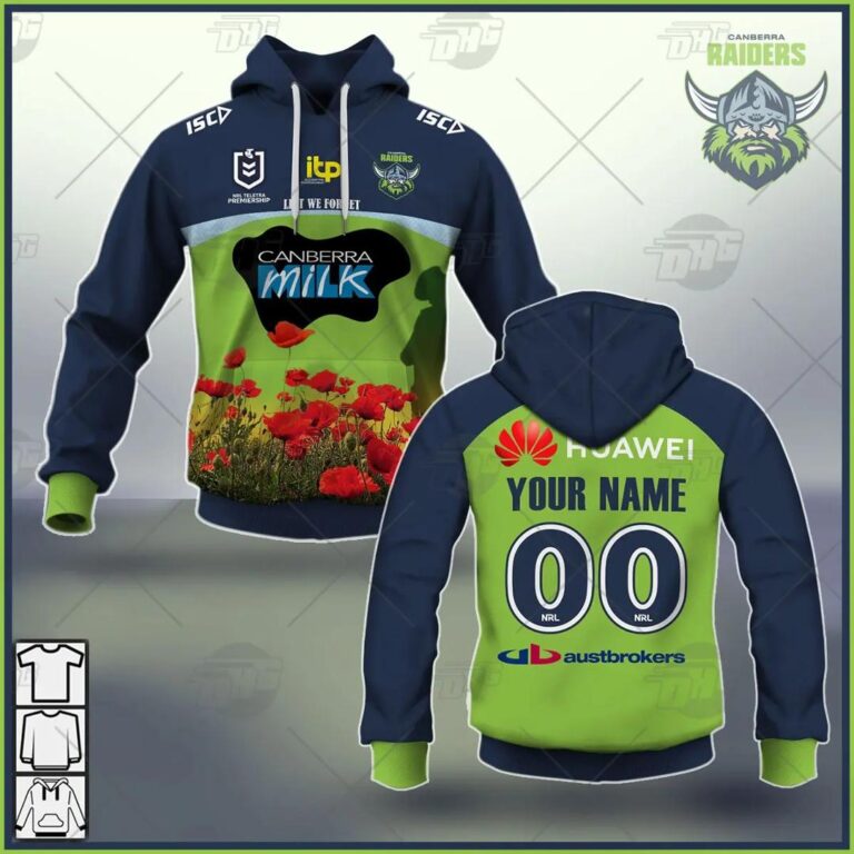 NRL Canberra Raiders Custom Name Number 2021 ANZAC Pullover Hoodie