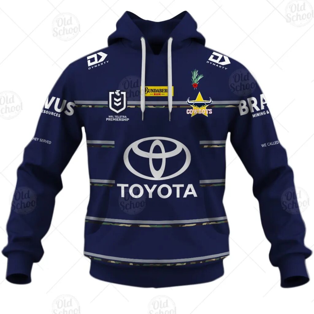 NRL North Queensland Cowboys Custom Name Number 2021 ANZAC Defence Pullover Hoodie