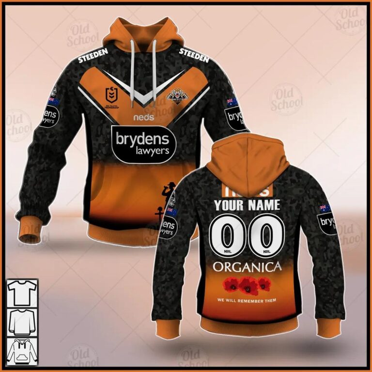 NRL Wests Tigers Custom Name Number 2021 ANZAC Pullover Hoodie