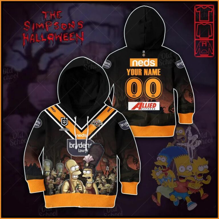 NRL Wests Tigers Custom Name Number x The Simpsons 2020 Halloween Jersey Kids Pullover Hoodie