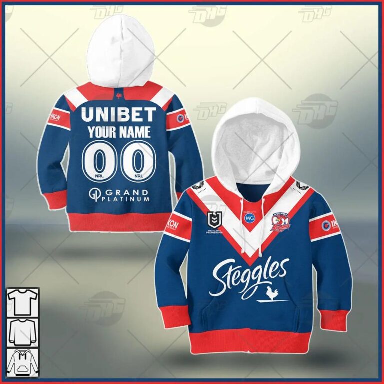 NRL Sydney Roosters Custom Name Number 2021 Home Jersey Kids Pullover Hoodie