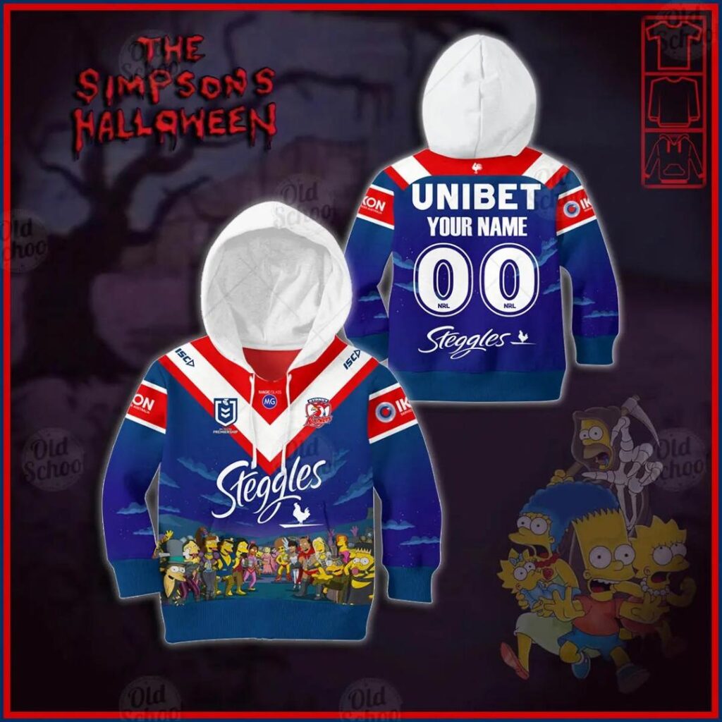 NRL Sydney Roosters Custom Name Number x The Simpsons 2020 Halloween Jersey Kids Pullover Hoodie