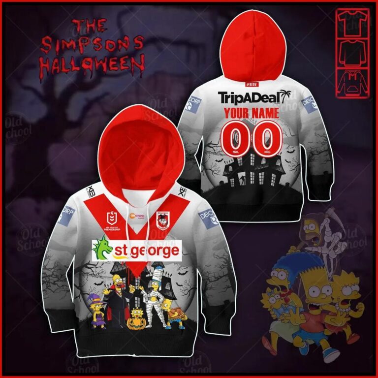 NRL St. George Illawarra Dragons Custom Name Number x The Simpsons 2020 Halloween Kids Pullover Hoodie