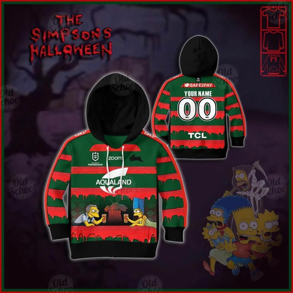 NRL South Sydney Rabbitohs Custom Name Number x The Simpsons 2020 Halloween Kids Pullover Hoodie
