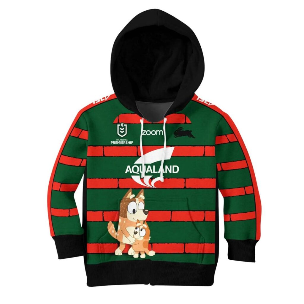 NRL South Sydney Rabbitohs Custom Name Number x Bluey Jersey Kids Pullover Hoodie