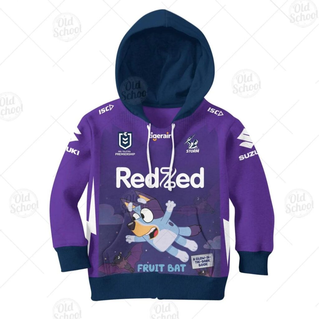 NRL Melbourne Storm Custom Name Number x Bluey Jersey Kids Pullover Hoodie