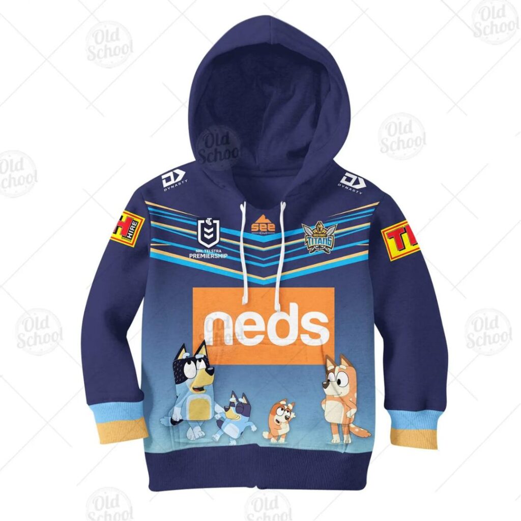NRL Gold Coast Titans Custom Name Number x Bluey Kids Pullover Hoodie