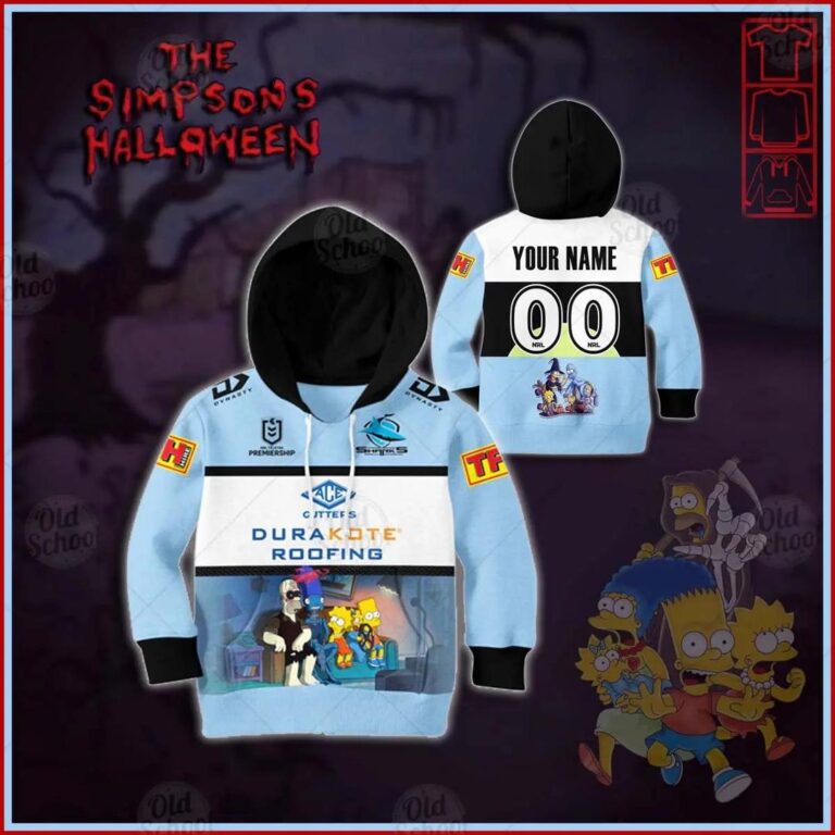 NRL Cronulla-Sutherland Sharks Custom Name Number x The Simpsons 2020 Halloween Jersey Kids Pullover Hoodie