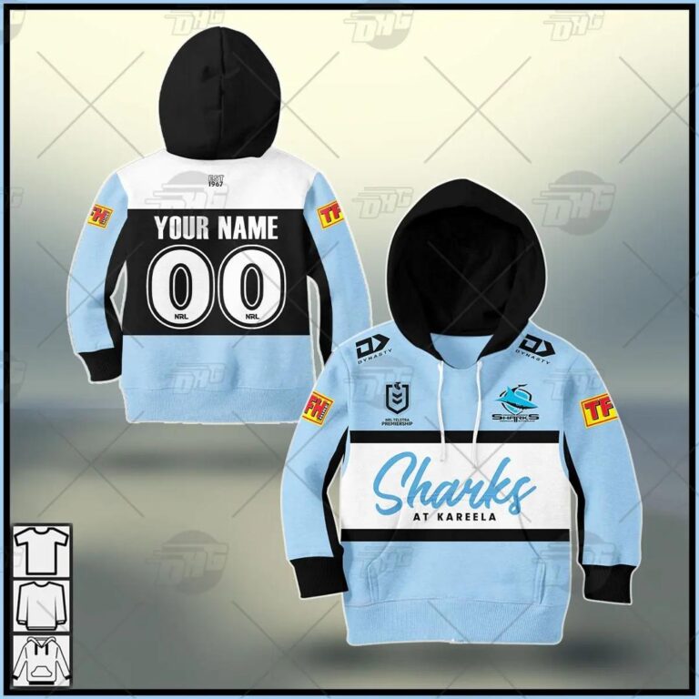 NRL Cronulla-Sutherland Sharks Custom Name Number 2021 Home Jersey Kids Pullover Hoodie