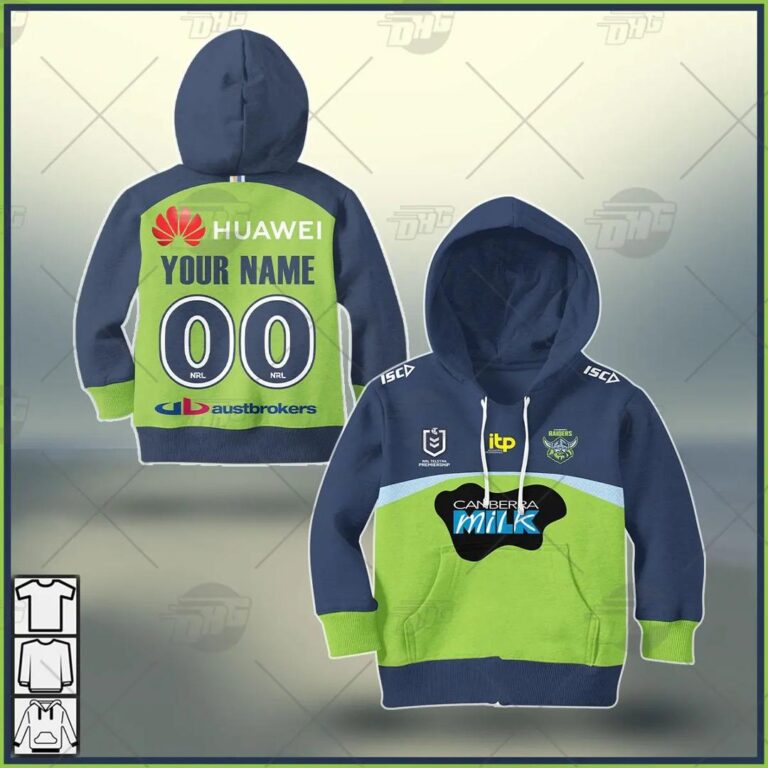 NRL Canberra Raiders Custom Name Number 2021 Home Jersey Kids Pullover Hoodie