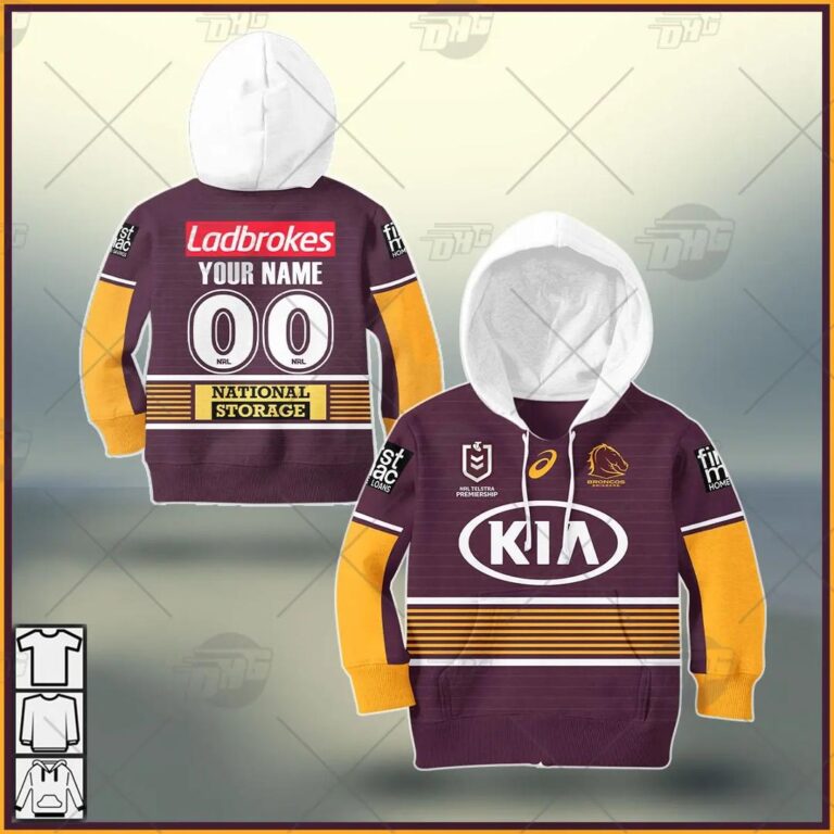 NRL Brisbane Broncos Custom Name Number 2021 Home Jersey Kids Pullover Hoodie