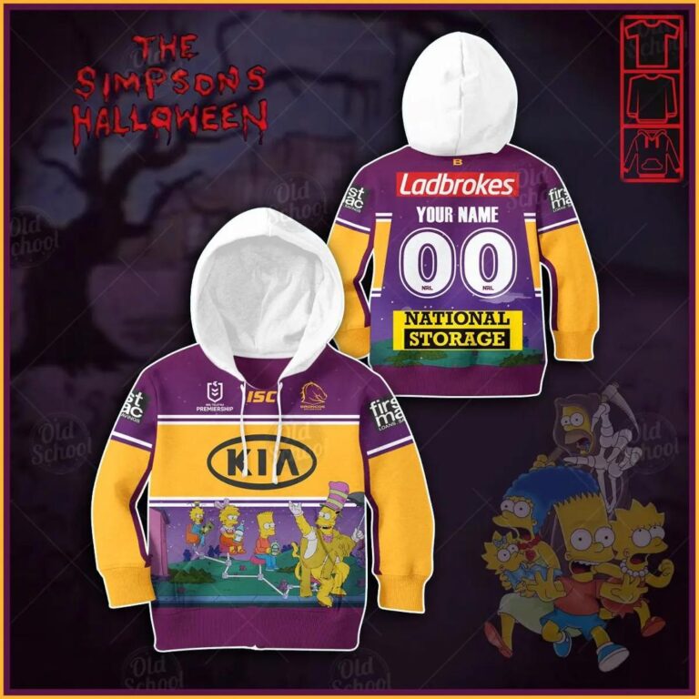 NRL Brisbane Broncos Custom Name Number The Simpsons Halloween Jersey Kids Pullover Hoodie