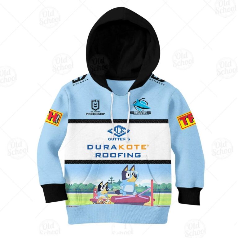NRL Cronulla-Sutherland Sharks Custom Name Number Bluey Kids Pullover Hoodie