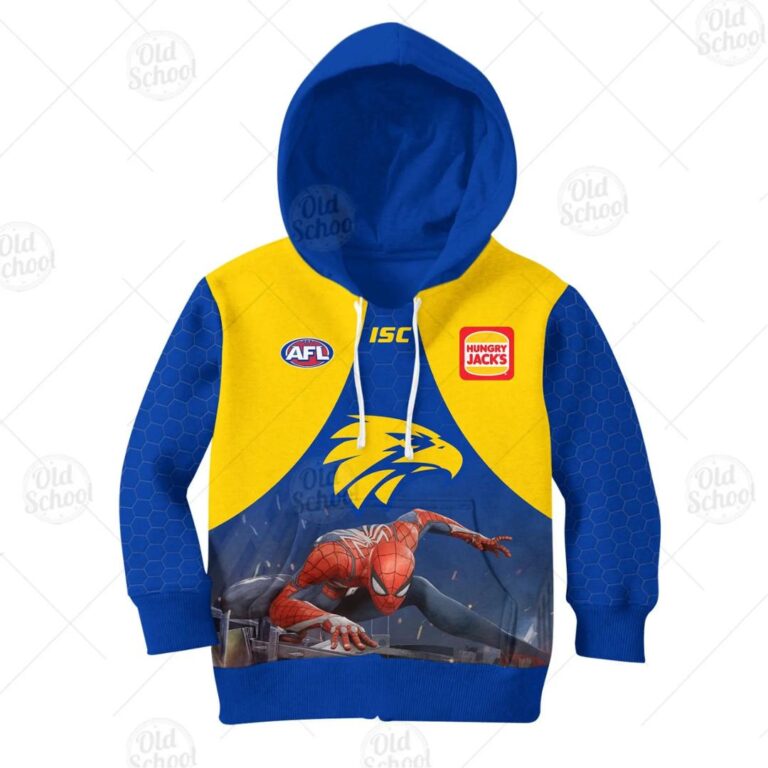 AFL West Coast Eagles Custom Name Number Spiderman 2020 Guernsey Kids Pullover Hoodie